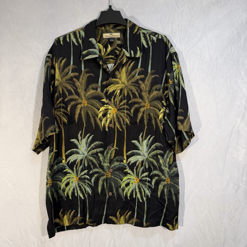 Tommy Bahama Silk Hawaiian Palm Tree All Over Print Button Shirt Silk L Black - Picture 2 of 7